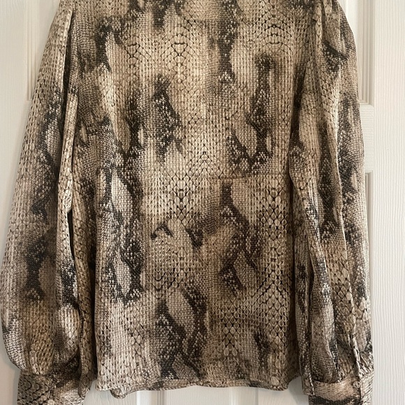 Satin Snakeskin V-Neck Long Sleeve Gathered Front Top - Picture 2 of 4